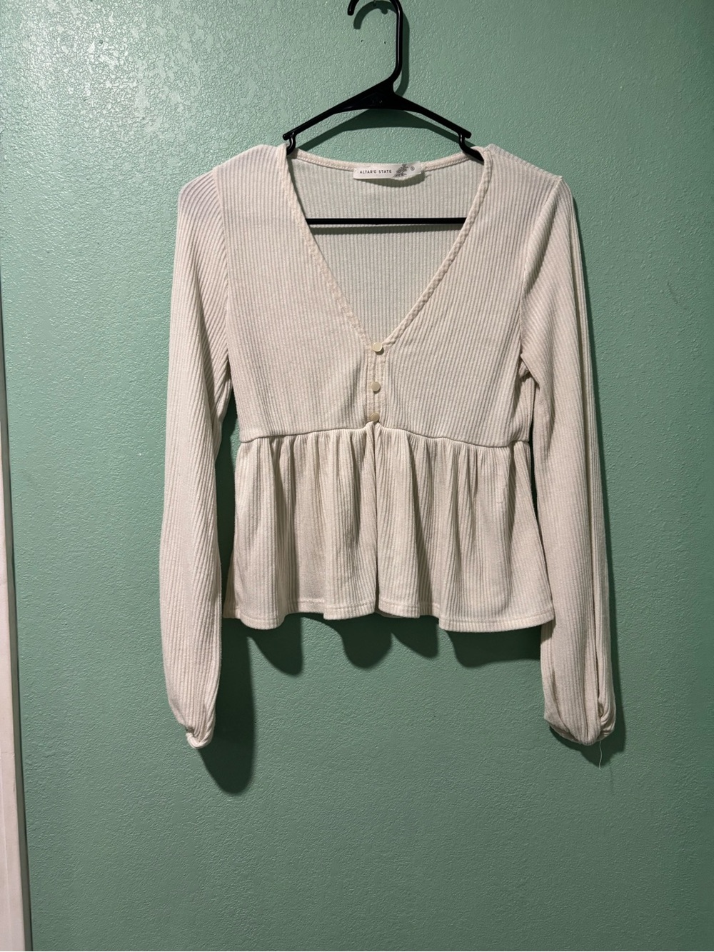 Altar'd State Cream Ribbed Peplum V-Neck Top